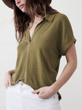 Banana Republic Linen-Blend Johnny Collar Shirt Green